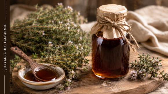 Sirop d'origan artisanal pour favoriser la respiration et éliminer les mucus en cas de toux grasse - Herboristerie Sensathé